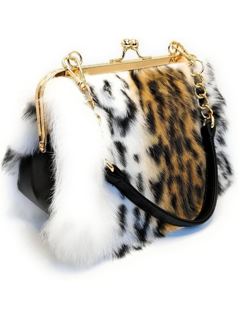 Chic Leopard Print Rex Rabbit Fur Handbag with Interchangeable Straps